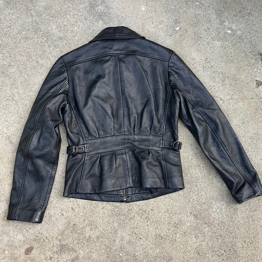 90s leather jacket black fitted crop cropped buckleback xs ann taylor biker moto - Picture 11 of 12